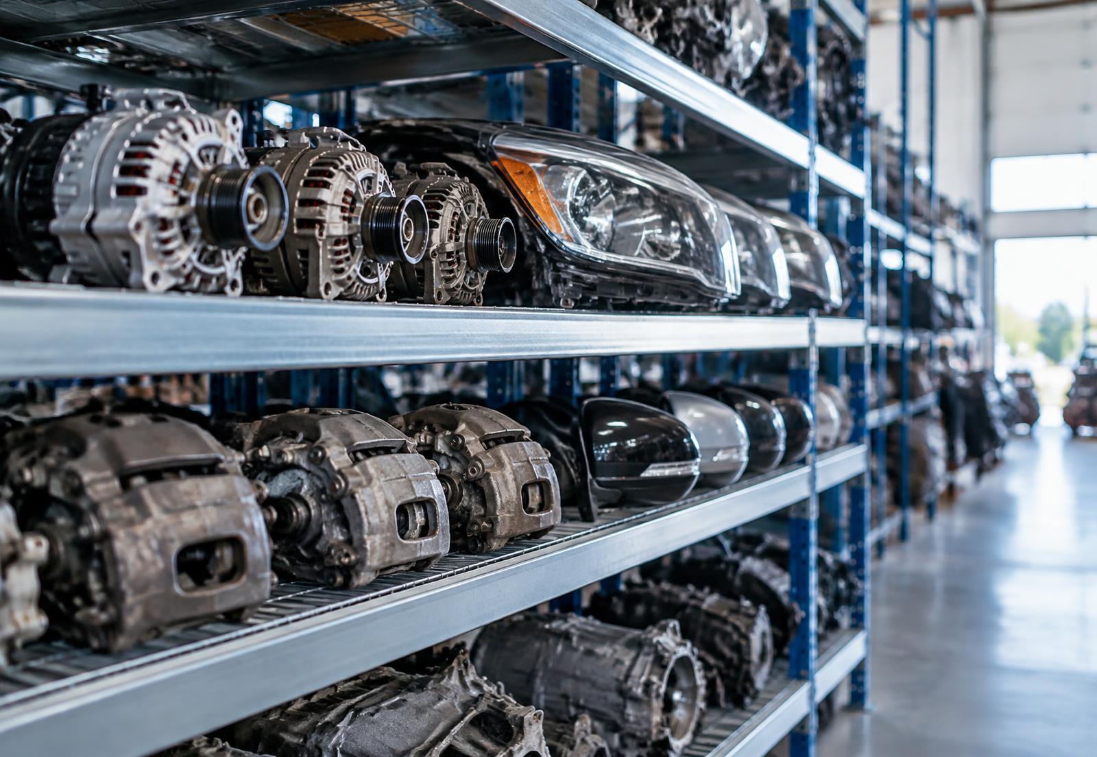 Shelves of used OEM auto parts in a salvage-yard warehouse